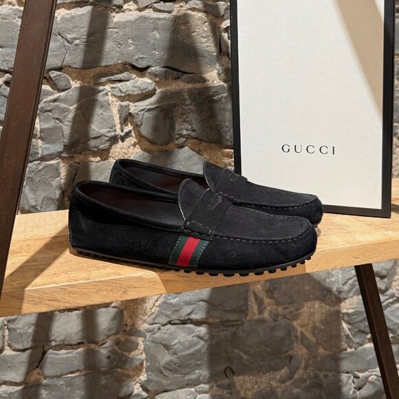 Gucci Black Suede Web Accent Driving Loafers - Picture 1 of 13